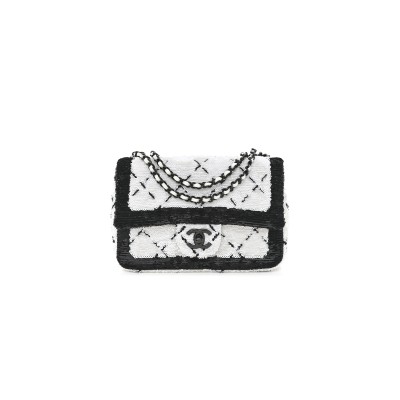 CHANEL SEQUIN CC SMALL SINGLE FLAP WHITE BLACK 1468914 (20*13*6cm)